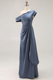 Long Grey Blue Satin Ruched Sheath Mother of the Bride Dress