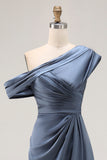 Long Grey Blue Satin Ruched Sheath Mother of the Bride Dress