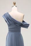 Long Grey Blue Satin Ruched Sheath Mother of the Bride Dress