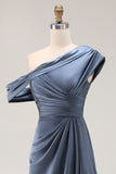 Long Grey Blue Satin Ruched Sheath Mother of the Bride Dress