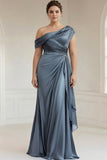 Long Grey Blue Satin Plus Size Ruched Sheath Mother of the Bride Dress