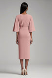 Pink Chiffon Ruffle Seeves Tea Length Mother of the Bride Dress