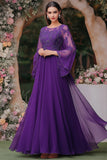 Purple Flutter Sleeves Chiffon A-Line Applique Mother of the Bride Dress