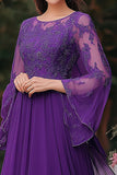Purple Flutter Sleeves Chiffon A-Line Applique Mother of the Bride Dress