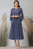 2 Piece Chiffon Grey Blue Ruffled Tea Length Mother of the Bride Dress