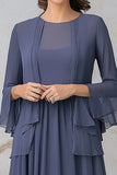 2 Piece Chiffon Grey Blue Ruffled Tea Length Mother of the Bride Dress