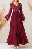 Burgundy Long Lantern Sleeves Applique Chiffon Mother of the Bride Dress