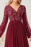 Burgundy Long Lantern Sleeves Applique Chiffon Mother of the Bride Dress