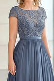 Grey Blue Applique Chiffon Pleated Mother of the Bride Dress