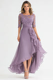 Gray Purple Applique Chiffon High Low Ruffled Mother of the Bride Dress