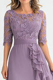 Gray Purple Applique Chiffon High Low Ruffled Mother of the Bride Dress