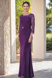 Dark Purple Sheath Lace Sleeves Maxi Mother of the Bride Dress