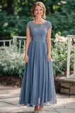 Grey Blue Chiffon Cap Sleeves Applique Mother of the Bride Dress