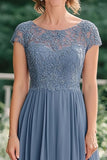 Grey Blue Chiffon Cap Sleeves Applique Mother of the Bride Dress
