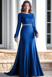 Royal Blue Satin Beaded Floor Length Mother of the Bride Dress
