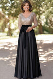 Champagne Black A-Line Mother of the Bride Dress with Bow
