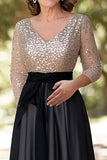 Champagne Black A-Line Mother of the Bride Dress with Bow