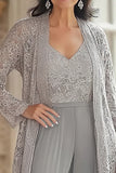 3 Piece Grey V-Neck Lace Chiffon Mother of the Bride Jumpsuit