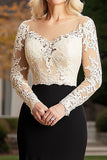 Champagne Black Sheath Long Sleeves Applique Mother of the Bride Dress