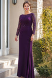 Dark Purple Sheath Lace Lone Sleeves Mother of the Bride Dress with Belt