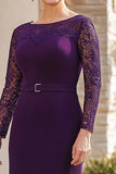 Dark Purple Sheath Lace Lone Sleeves Mother of the Bride Dress with Belt