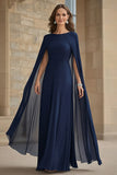 Chiffon A-Line Navy Mother of the Bride Dress with Maxi Cape