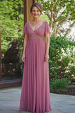 Chiffon A-Line V-Neck Dusty Rose Applique Mother of the Bride Dress