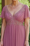 Chiffon A-Line V-Neck Dusty Rose Applique Mother of the Bride Dress