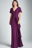 Dark Purple V-Neck Sheath Maxi Mother of the Bride Dress with Ruffle
