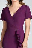 Dark Purple V-Neck Sheath Maxi Mother of the Bride Dress with Ruffle