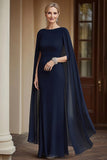 Navy Sheath Maxi Mother of the Bride Dress with Chiffon Cape