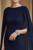 Navy Sheath Maxi Mother of the Bride Dress with Chiffon Cape