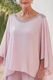 Pink Chiffon Flutter Sleeves Mother of the Bride Pantsuit with Beading
