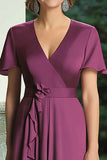 Purple V-Neck Satin A-Line Mother of the Bride Dress with Ruffle