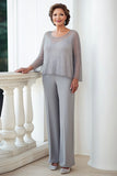 2 Piece Grey Chiffon Long Sleeves Mother of the Bride Pantsuit