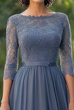 Dusty Blue Chiffon A-Line Mother of the Bride Dress with Lace Applique