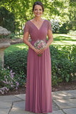 Chiffon A-Line Dusty Rose Cap Sleeves Mother of the Bride Dress