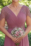 Chiffon A-Line Dusty Rose Cap Sleeves Mother of the Bride Dress