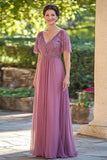 Dusty Rose Short Sleeves Applique Chiffon Mother of the Bride Dress
