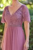 Dusty Rose Short Sleeves Applique Chiffon Mother of the Bride Dress