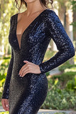 Navy Sequins V-Neck Sheath Mother of the Bride Dress with Slit