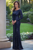 Navy Sheath Sequined Floor Length Mother of the Bride Dress
