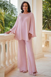 2 Piece Pink Chiffon Beaded Loose Mother of the Bride Pantsuit