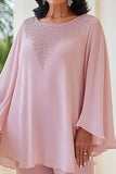 2 Piece Pink Chiffon Beaded Loose Mother of the Bride Pantsuit