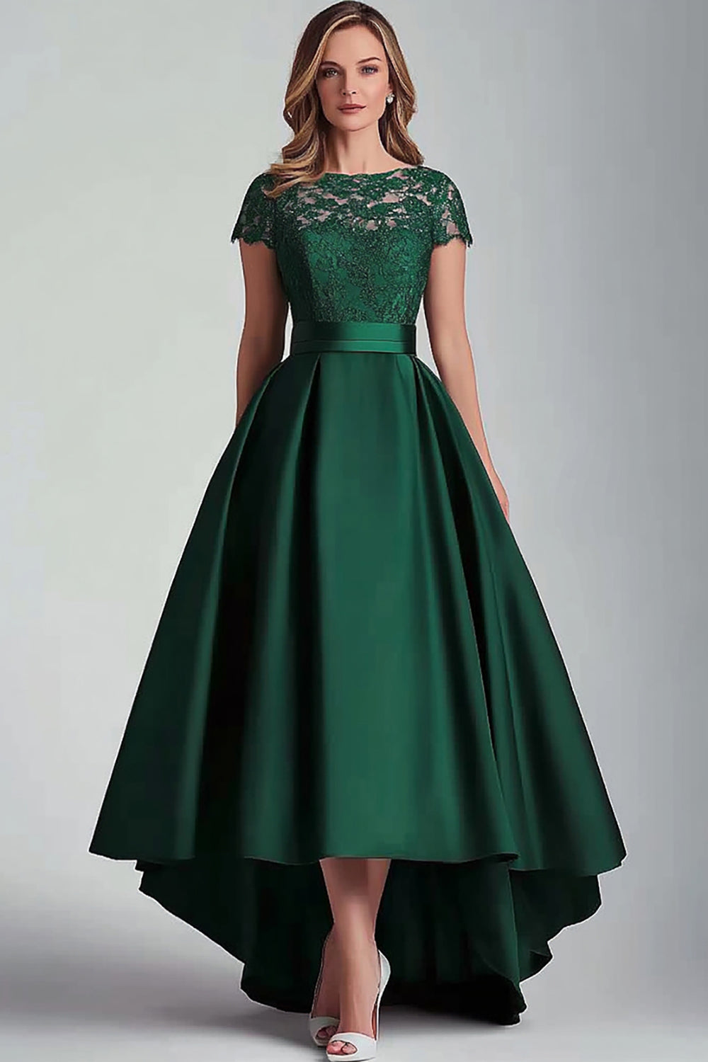 Leely Women A-Line Satin Green High Low Mother of the Bride Dress with Lace Applique Wedding Guest Dress leelyuk Leely Women A-Line Satin Green High Low Mother of the Bride Dress with Lace Applique Wedding Guest Dress leelyuk