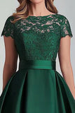 A-Line Satin Green High Low Mother of the Bride Dress with Lace Applique