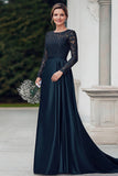Navy Satin A-Line Mother of the Bride Dress with Lace Applique