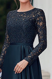 Navy Satin A-Line Mother of the Bride Dress with Lace Applique