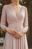 Champagne V-Neck Pleated Chiffon A-Line Mother of the Bride Dress