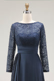 Navy A-Line Lace Floor Length Mother of the Bride Dress